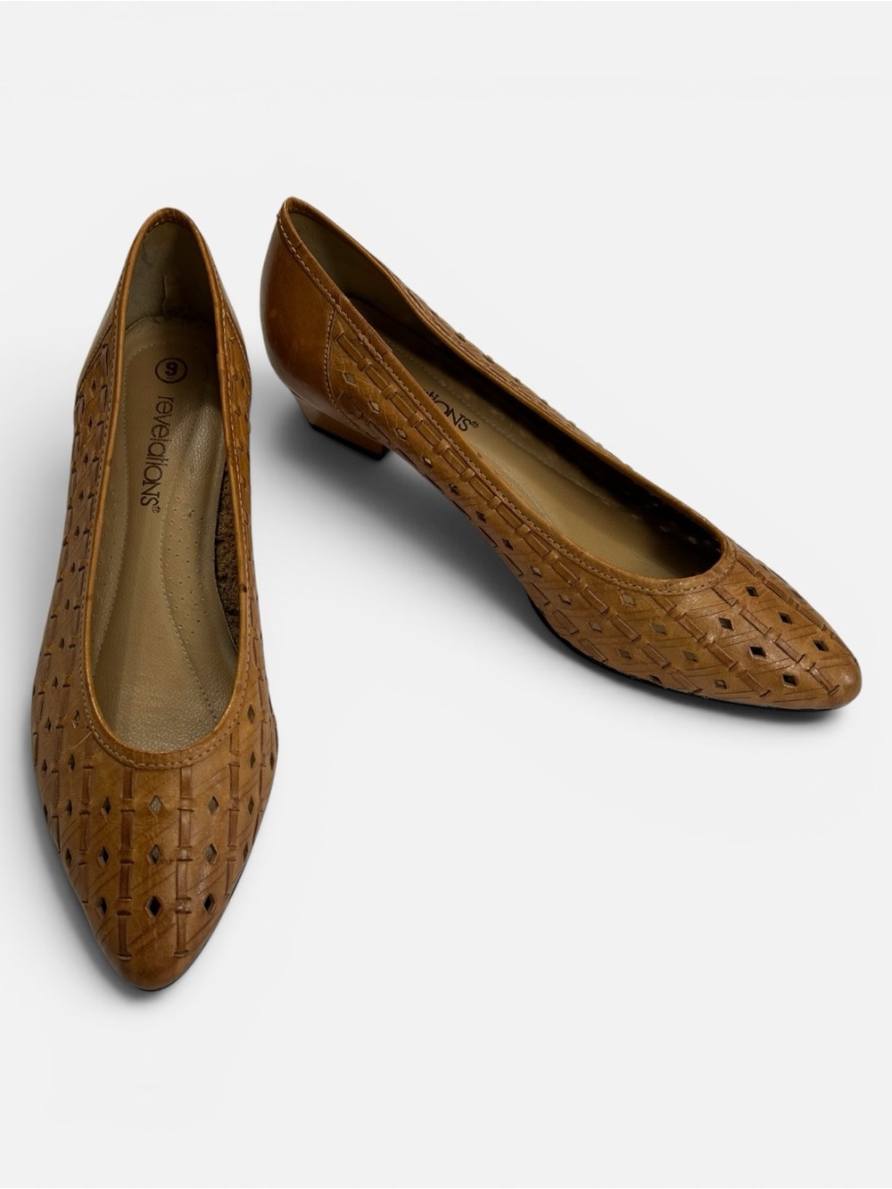 Revelations 1970s Vintage Leather Lattice Woven Kitten Heel Pumps sz 9